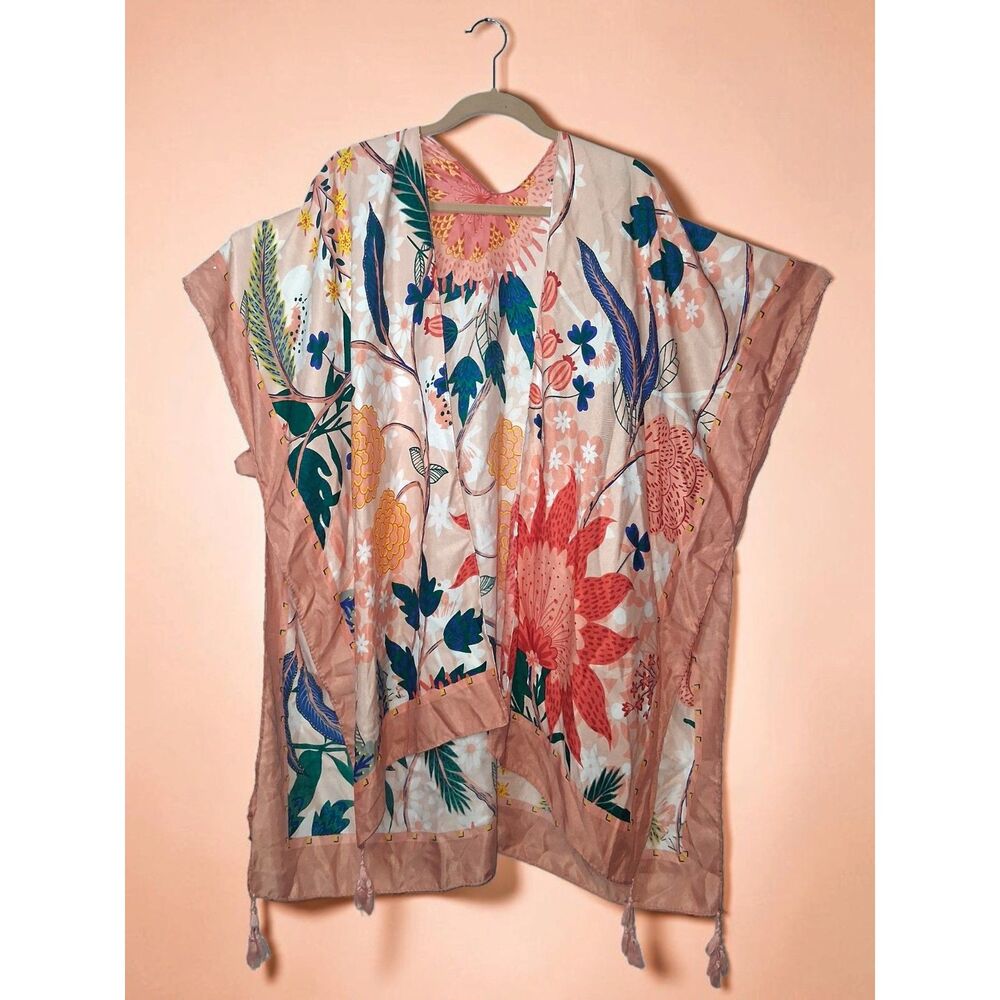 Floral Botanical Open Front Kimono Duster Cardigan with Tassels -One Size-Defect
